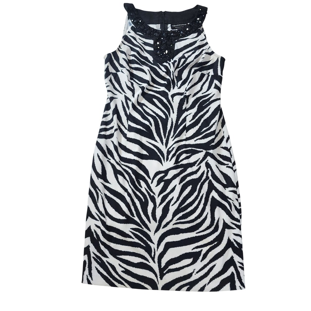 Connected Apparel Zebra Print Embellished Neckline Sheath Dress Black White 12